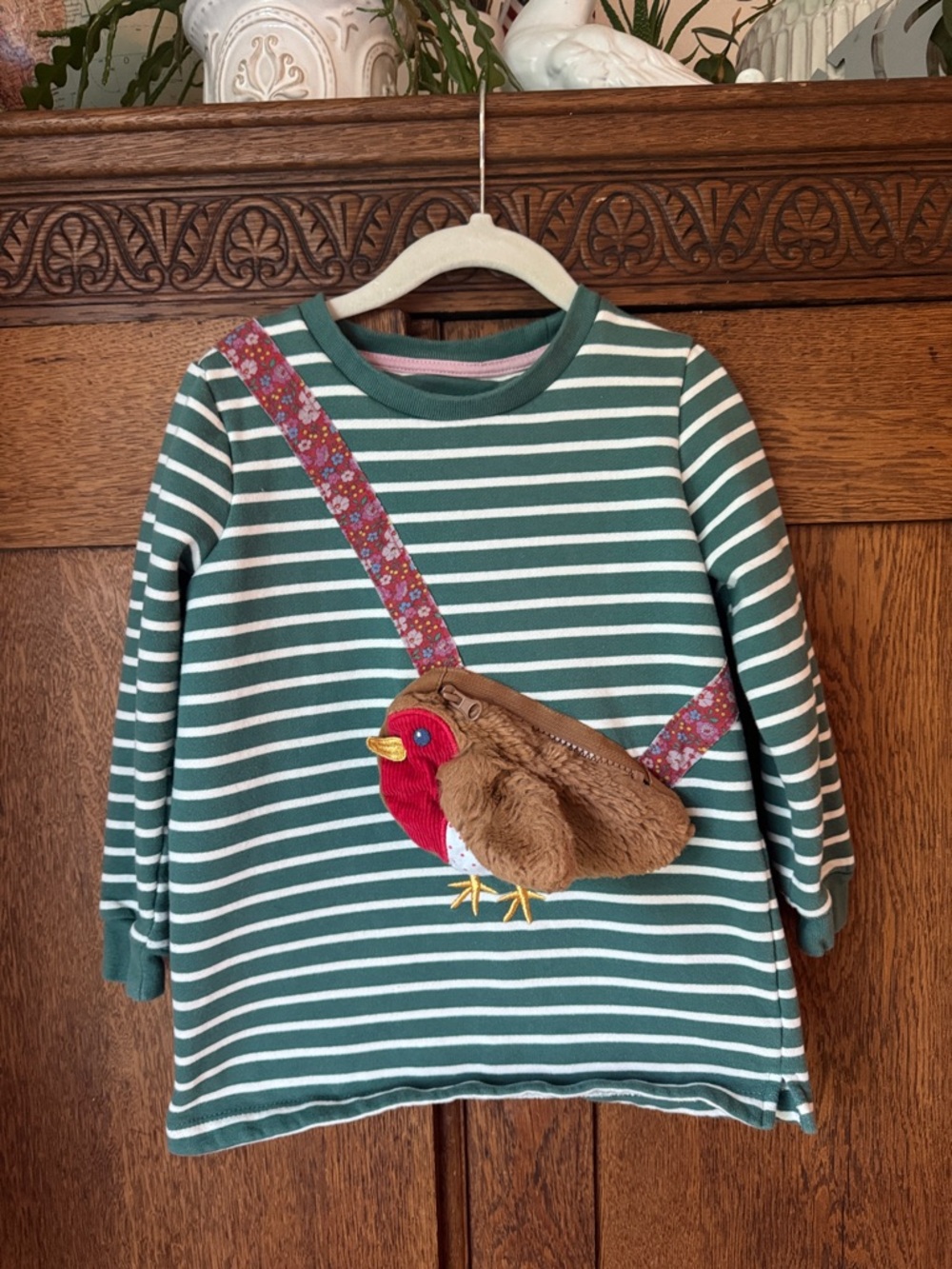 Mini Boden Green & White Striped Sweatshirt with Plush Robin Appliqué